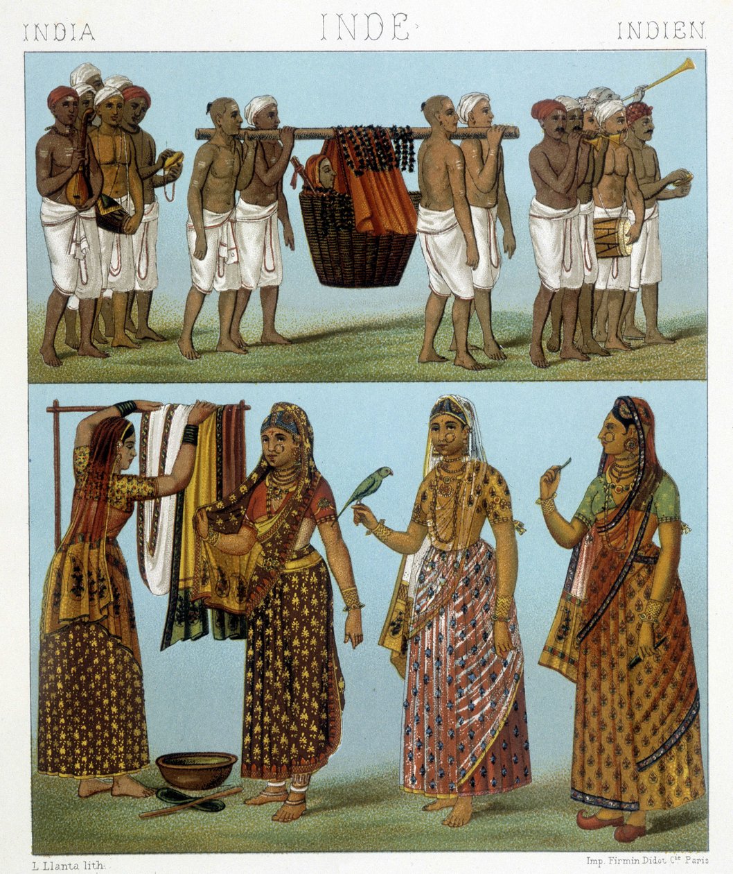 Temetés (a kép tetején) és mosoda (a kép alján) Indiában. Illusztráció: Racinet „Le costume historique” című könyvében alkotó: Albert Charles August Racinet