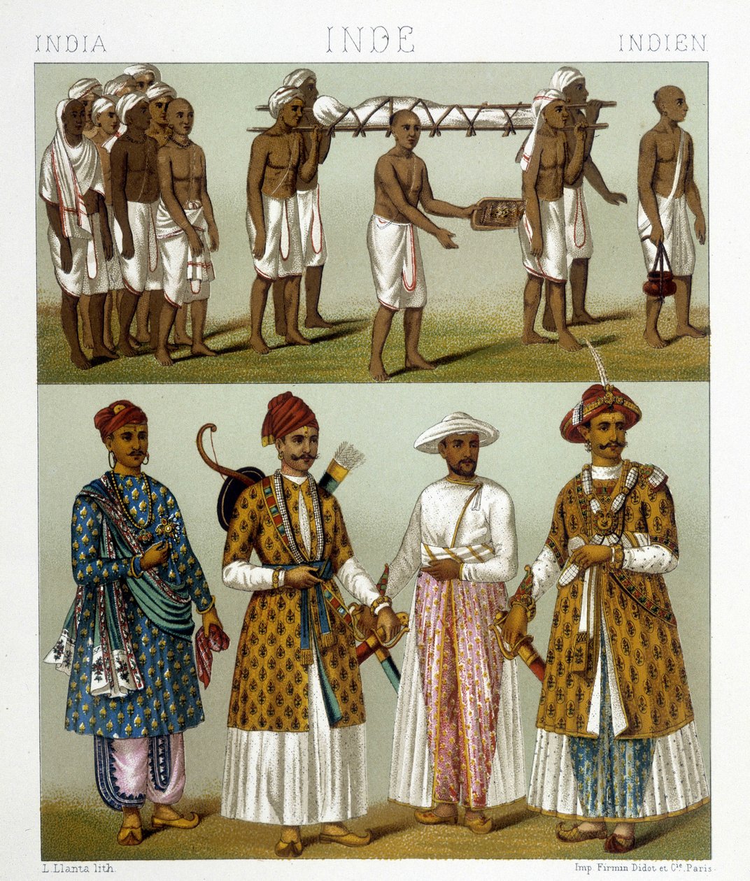 Temetés (a kép tetején) és kereskedők (a kép alján) Indiában. Racinet „Le costume historique” című rajza alkotó: Albert Charles August Racinet
