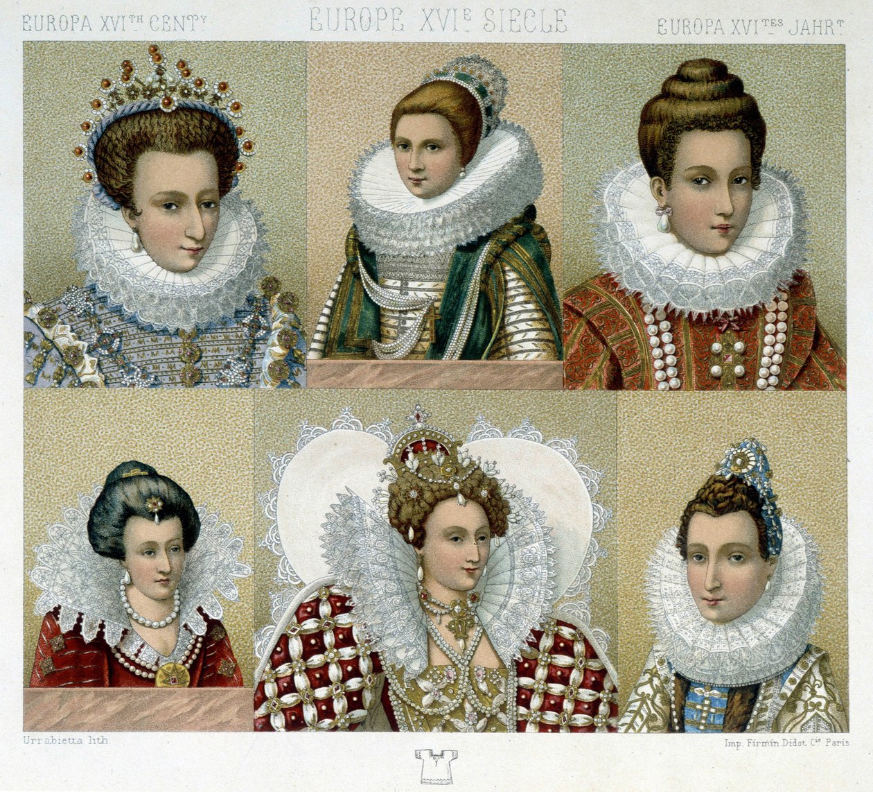 Fodrászat Franciaországban a 16. században (és Marie de Medici portréja) – Racinet „Le costume historique” című könyvében, 19. század vége alkotó: Albert Charles August Racinet