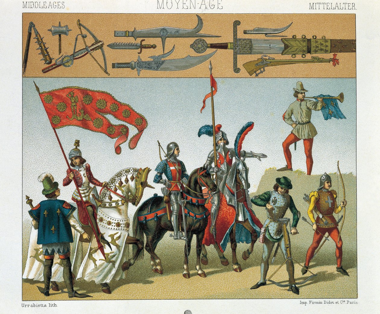 Illusztráció Auguste Racinet Történelmi jelmezek IV. kötetéből, francia lovasok alkotó: Albert Charles August Racinet