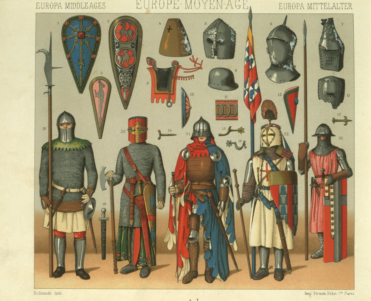 Illusztráció a francia harcosok páncélzatáról alkotó: Albert Charles August Racinet