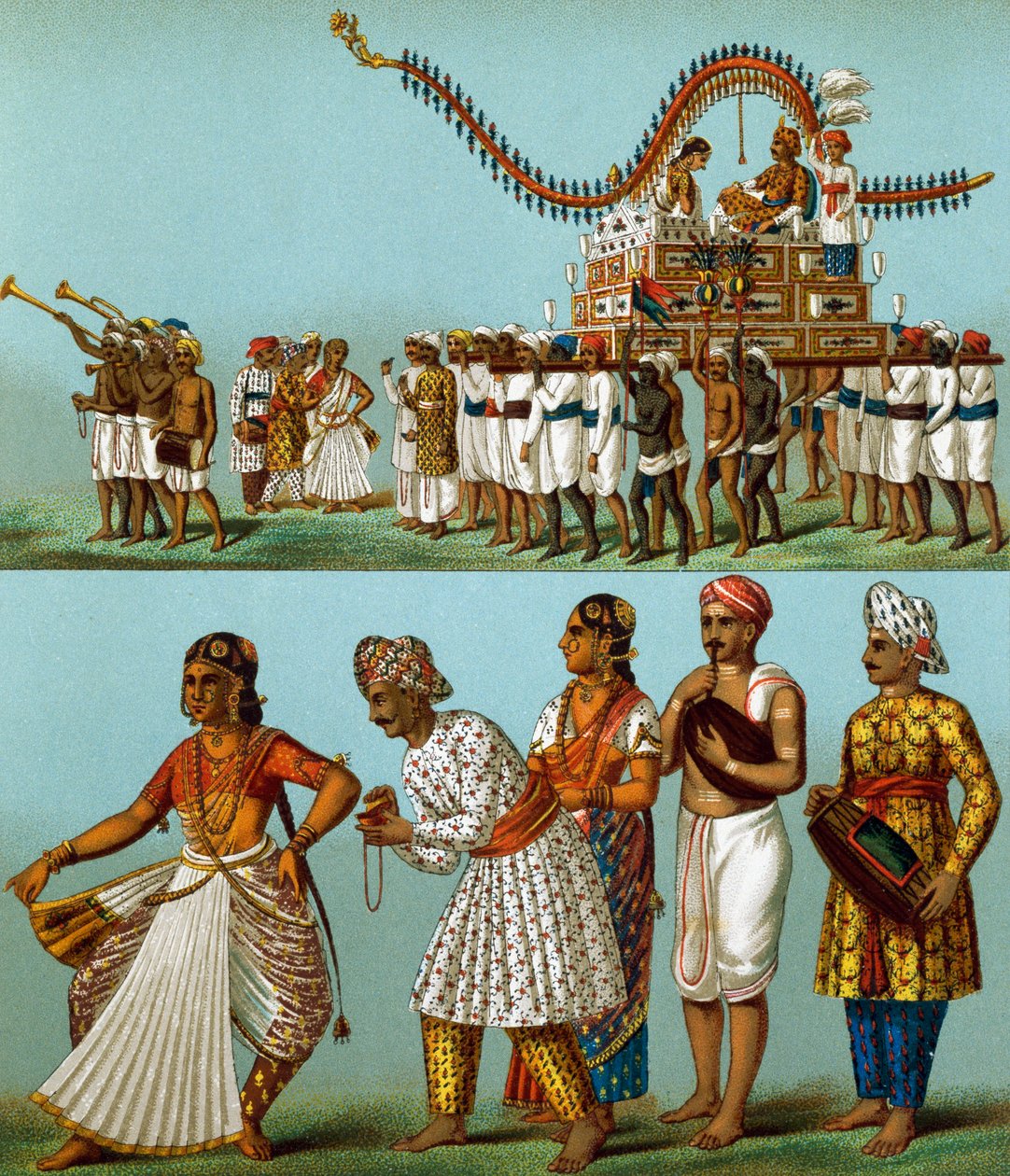 India, felvonulások, zene, táncok, Auguste Racinet (1825-1893), litográfia a Le Costume Historique I. kötetéből származik alkotó: Albert Charles August Racinet