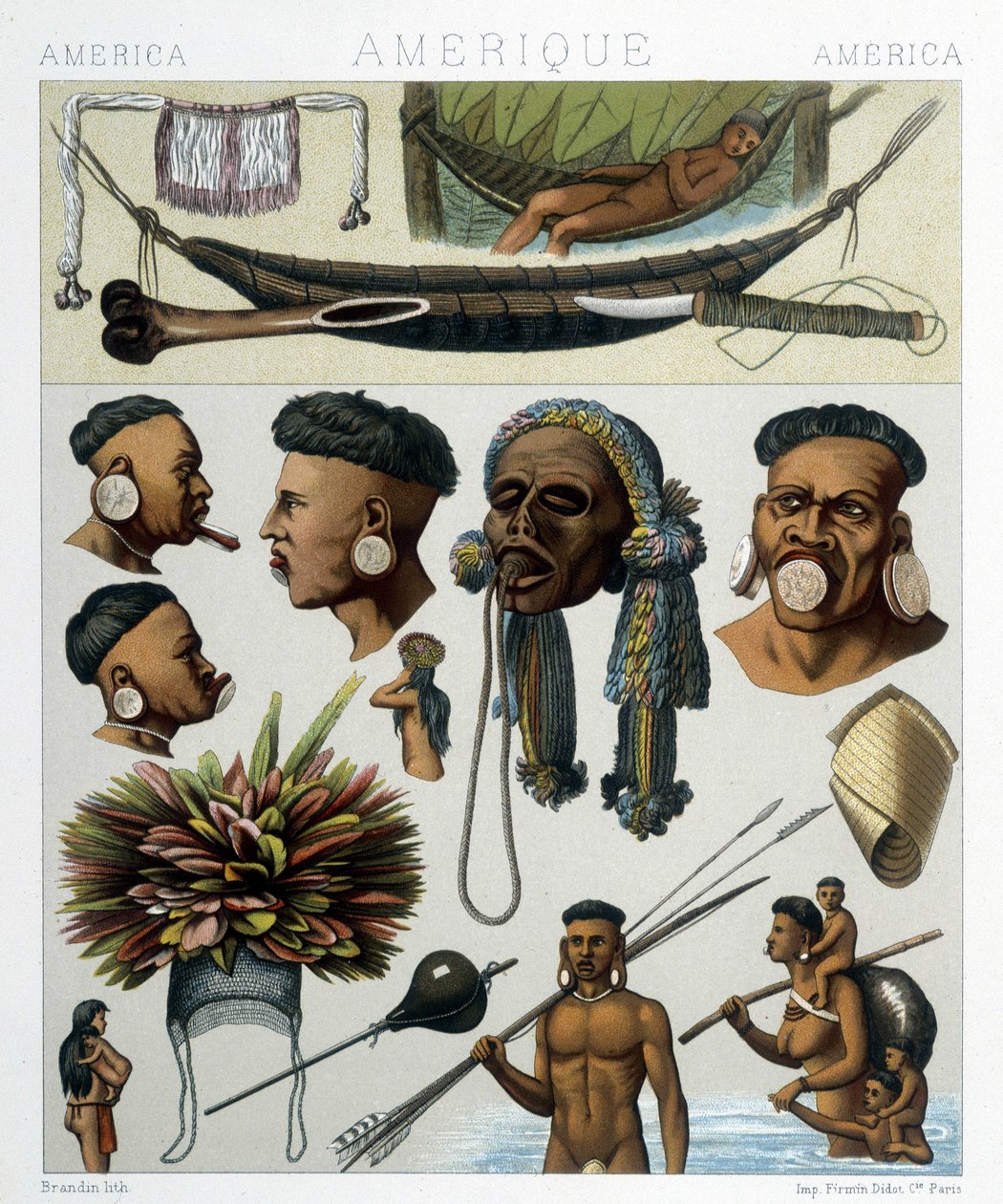 Brazília és Paraguay őslakosai. Illusztráció Racinet „A történelmi kosztüm” című művében alkotó: Albert Charles August Racinet