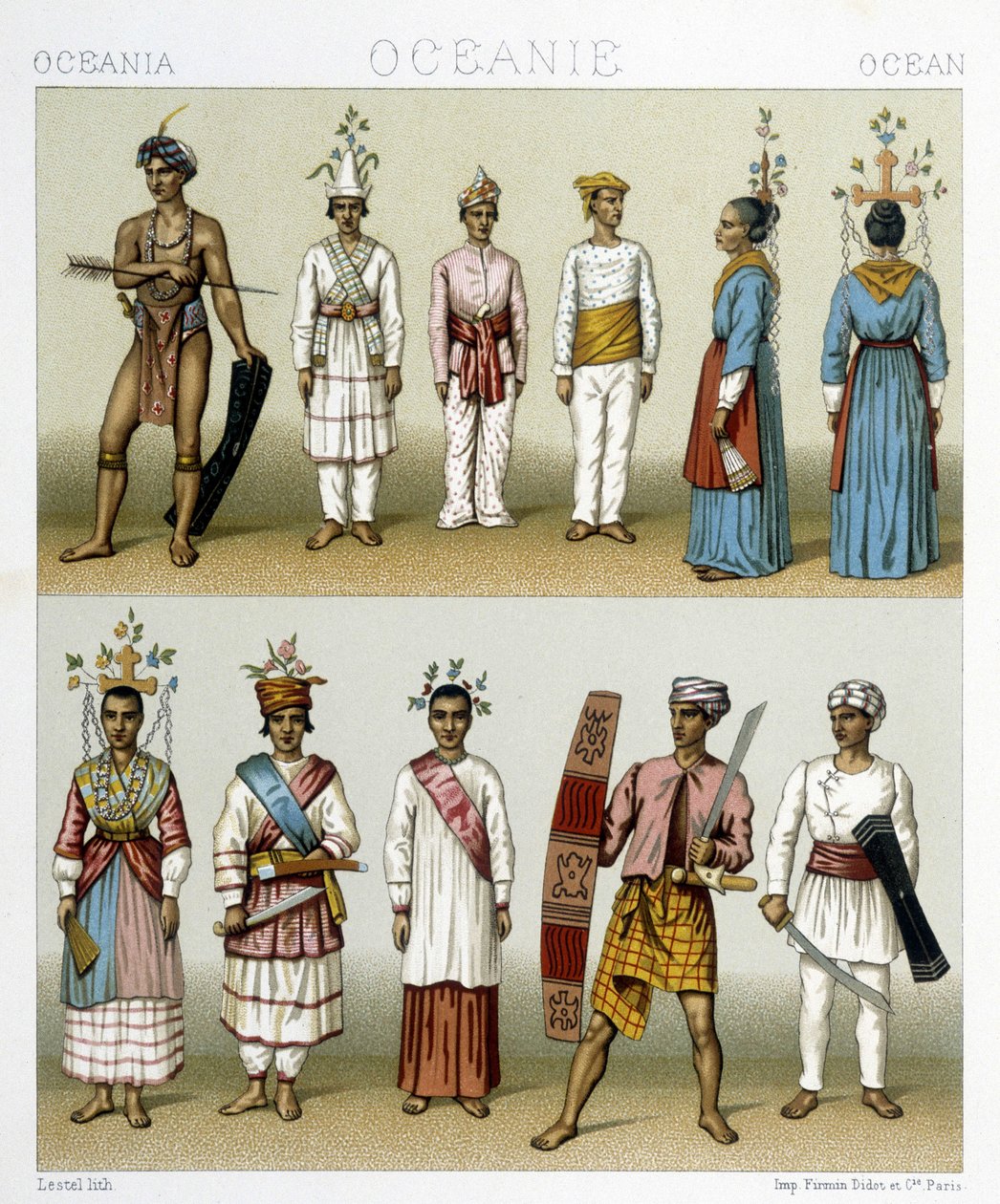 Az indonéziai Celebes-szigetek lakói. Illusztráció: Racinet „Le costume historique” című könyvében alkotó: Albert Charles August Racinet