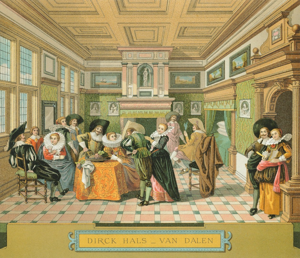 A 17. századi holland nemesi lakóház belseje, Racinet Auguste illusztrációja A teljes viselettörténetből alkotó: Albert Charles August Racinet