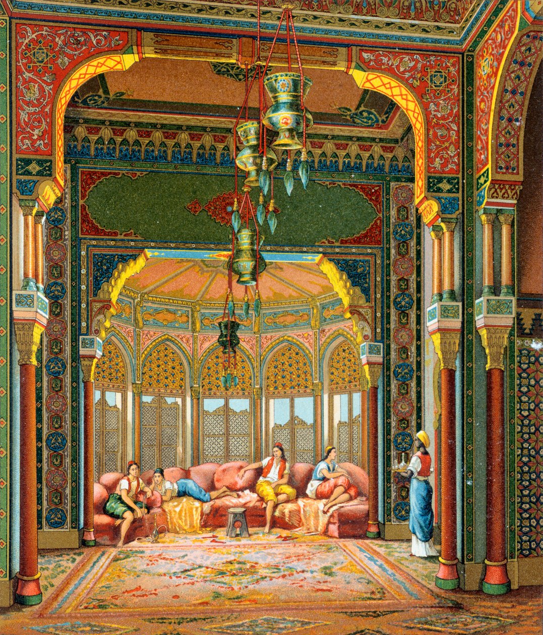 Török épület belseje, Illusztráció Auguste Racinet teljes viselettörténetéből alkotó: Albert Charles August Racinet