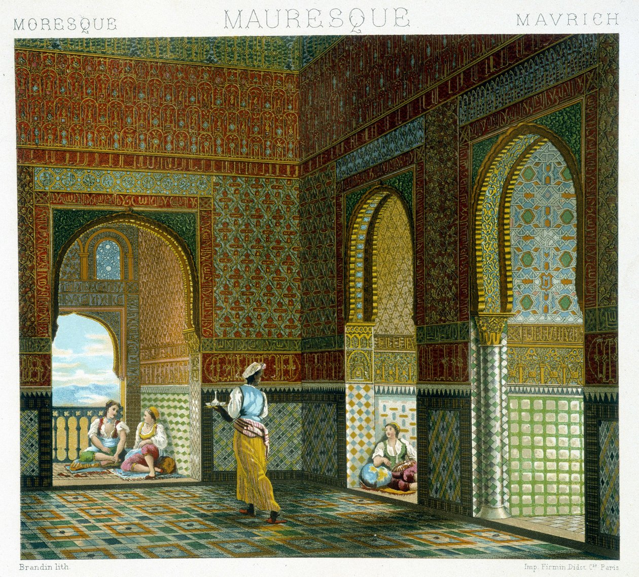 Egy mór ház belseje (Alhambra, az áldás szobája). Kromolitográfiai lemez – Racinet „” Le costume historique” című könyvében alkotó: Albert Charles August Racinet
