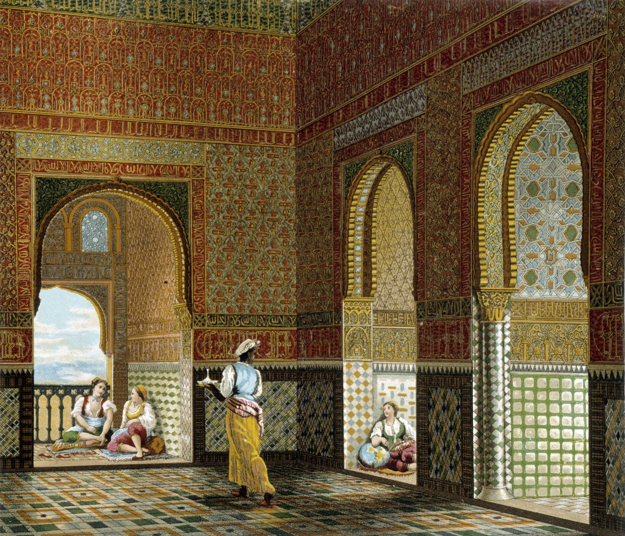 Egy mór ház belseje (Alhambra, az áldás szobája). Kromolitográfiai lemez – Racinet „” Le costume historique” című könyvében alkotó: Albert Charles August Racinet