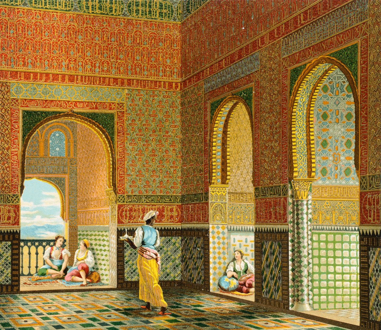 Egy gazdag mór lakóházának belseje, Illusztráció: Auguste Racinet teljes jelmeztörténetéből alkotó: Albert Charles August Racinet