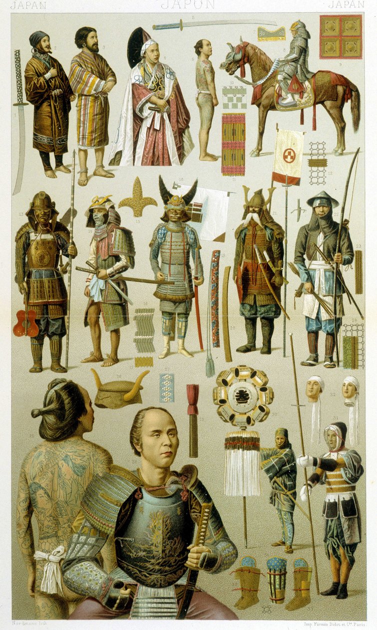 Japán harcos jelmezek (szamoura vagy yakuza vagy yakuza). Kromolitográfiai lemez – Racinet „” Le costume historique” című könyvében alkotó: Albert Charles August Racinet
