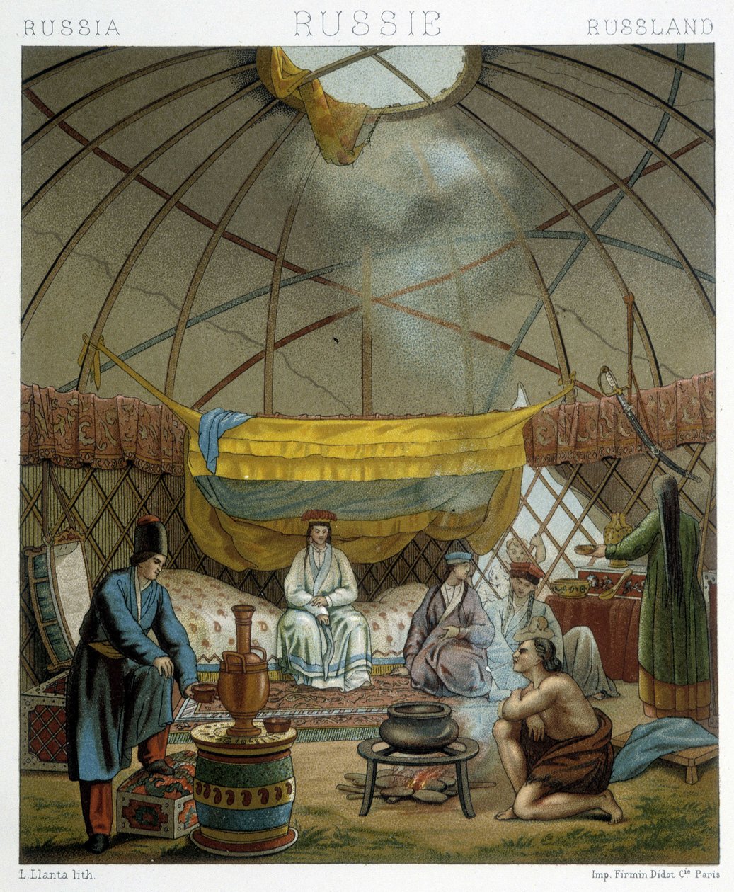Kalmük (orosz nomádok) a jurtájukban alkotó: Albert Charles August Racinet