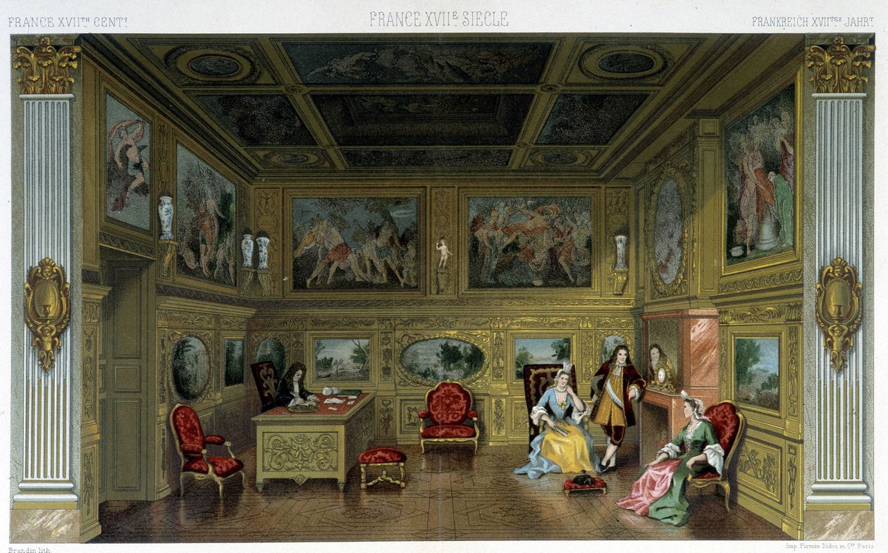 Férfiak és nők egy gazdag 18. századi otthonban. Illusztráció: Racinet „Le costume historique” című könyvében alkotó: Albert Charles August Racinet