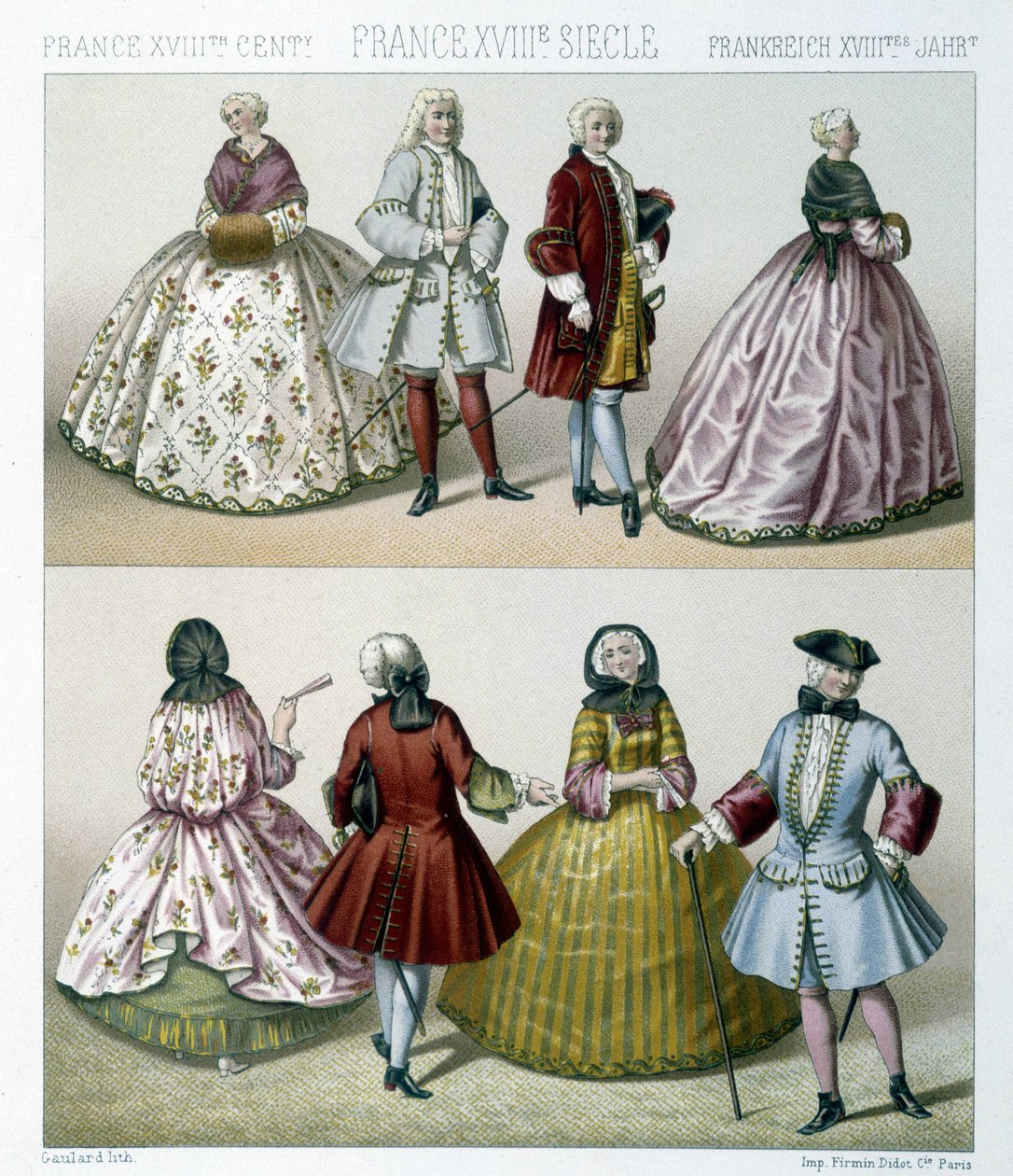 Divatos 18. századi jelmezeket viselő férfiak és nők Franciaországban. Illusztráció: Racinet „Le costume historique” című könyvében alkotó: Albert Charles August Racinet