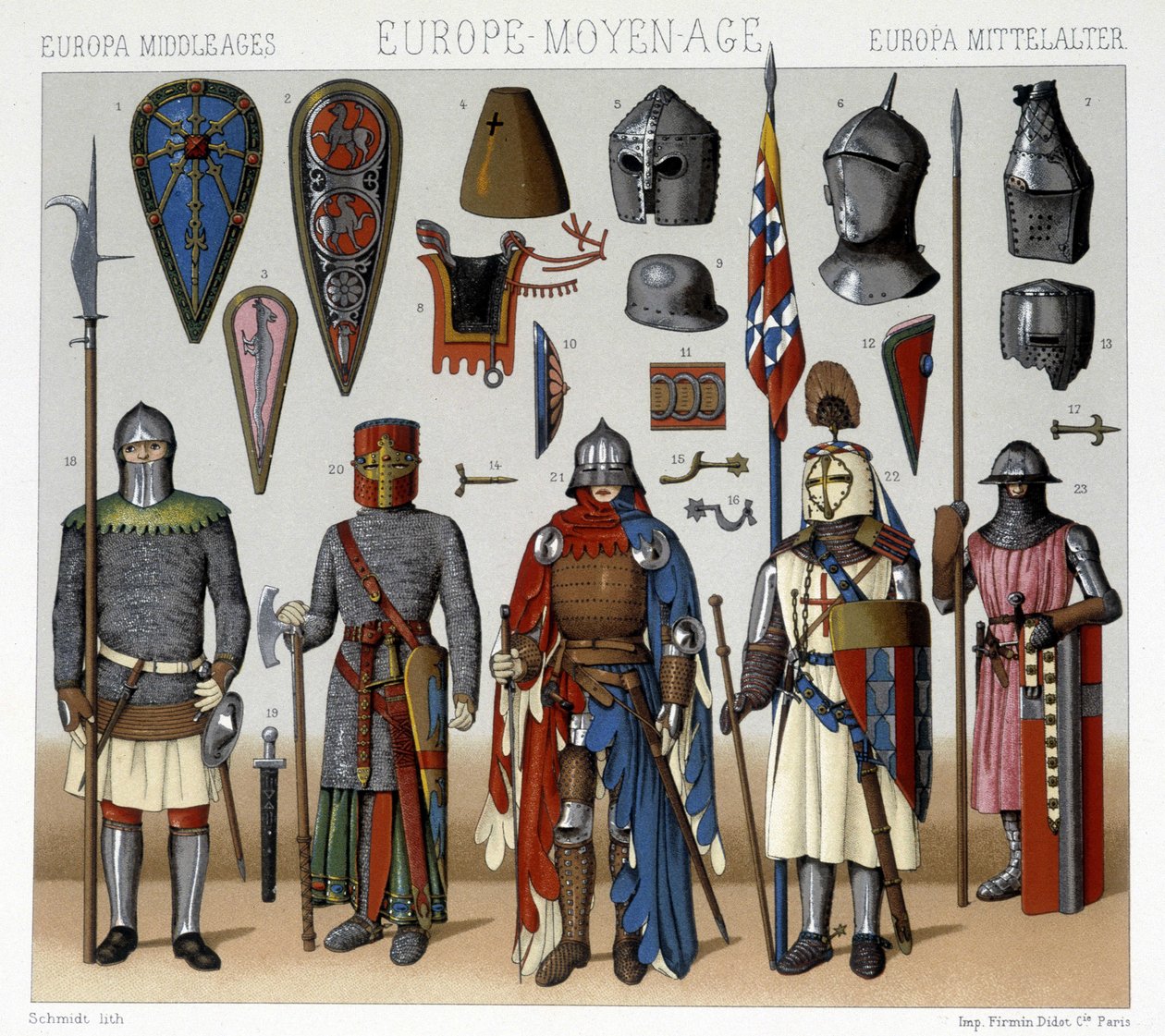Katonai viseletek és sisakok Franciaországban a 13-15. századból. Illusztráció: Racinet „Le costume historique” című könyvében alkotó: Albert Charles August Racinet