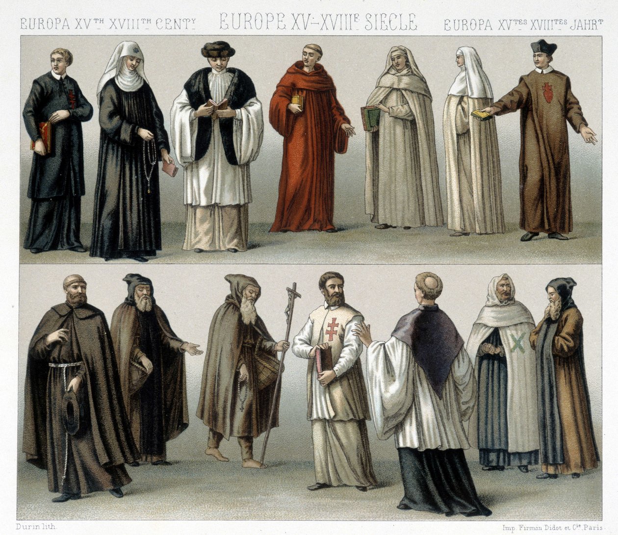 Szerzetesi viseletek Európában a 15-18. századtól. Illusztráció: Racinet „Le costume historique” című könyvében alkotó: Albert Charles August Racinet