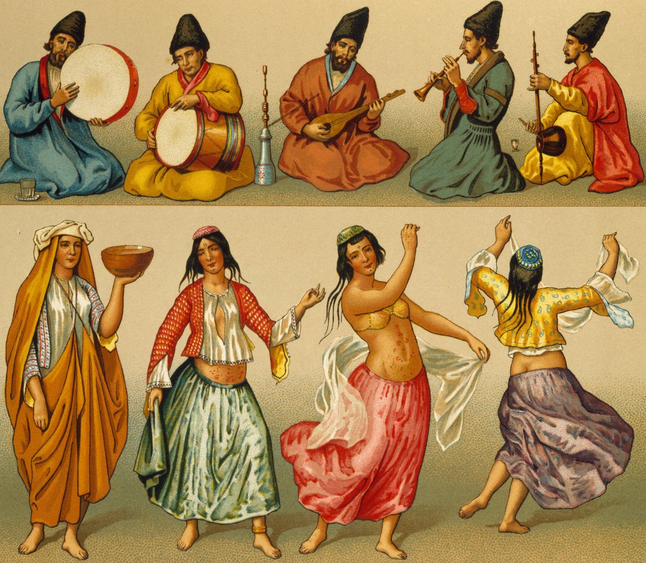 Zenészek és táncosok Perzsiából, Dambourget litográfiája, Le Costume historique (Teljes jelmeztörténet), I. kötet alkotó: Albert Charles August Racinet