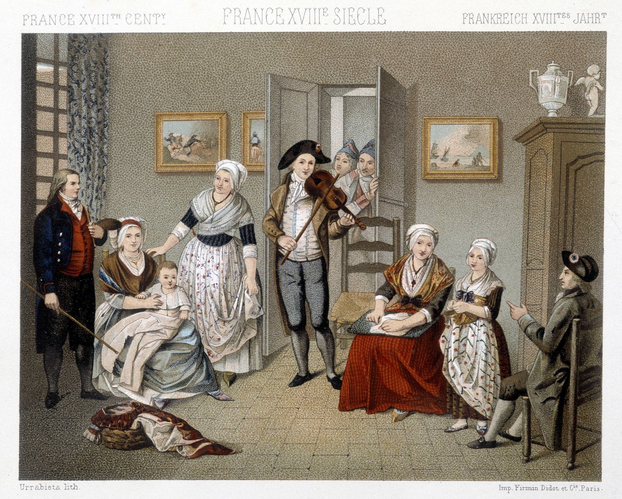 Zenészek játsszák a behatolásukat egy családnak egy házban. Illusztráció: Racinet „Le costume historique” című könyvében alkotó: Albert Charles August Racinet