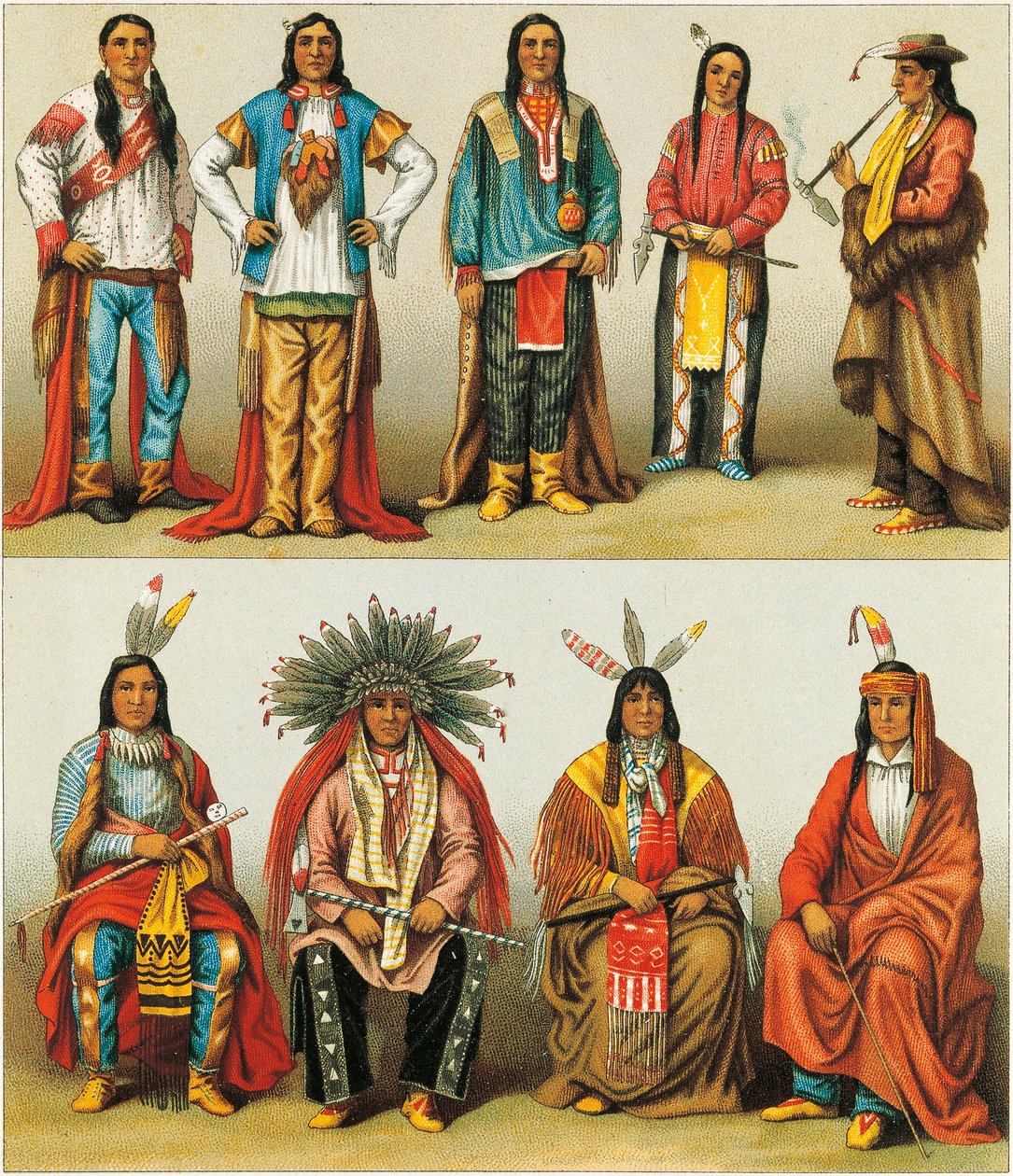 Mississippi és Colorado indiánjai, Nordmann és Sahn litográfiája a Le Costume Historique-ból, 2. kötet alkotó: Albert Charles August Racinet