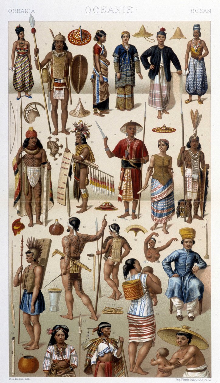 Malajzia és Polinézia (Óceánia) népe. Illusztráció: Racinet „Le costume historique” című könyvében alkotó: Albert Charles August Racinet