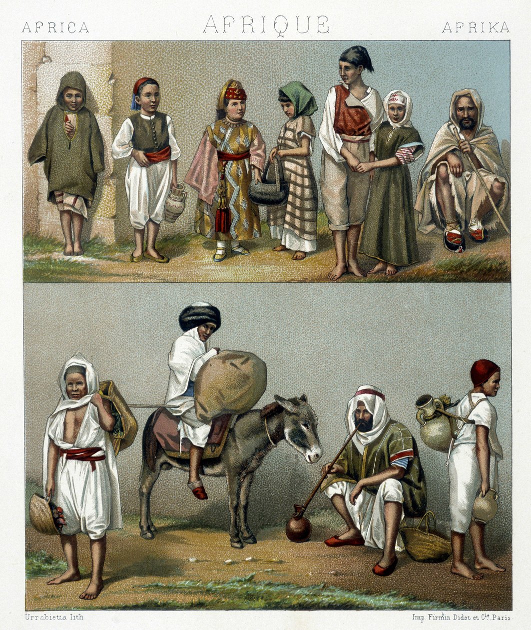 Népszerű jelmezek Algériából és Tunéziából. Illusztráció: Racinet „Le costume historique” című könyvében alkotó: Albert Charles August Racinet