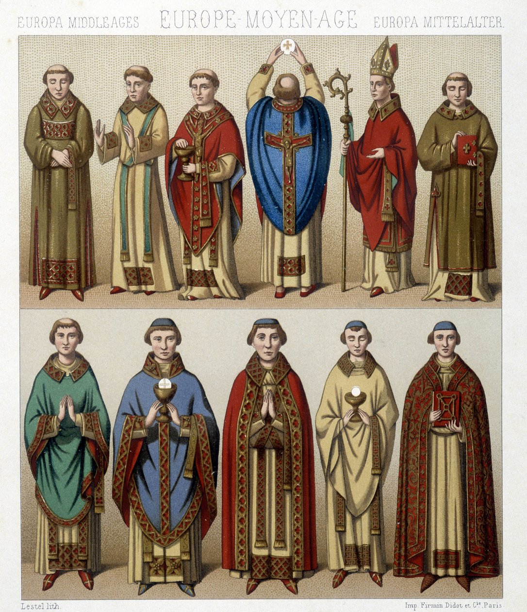 Vallásos viseletek Európában a középkorban. Illusztráció: Racinet „Le costume historique” című könyvében alkotó: Albert Charles August Racinet