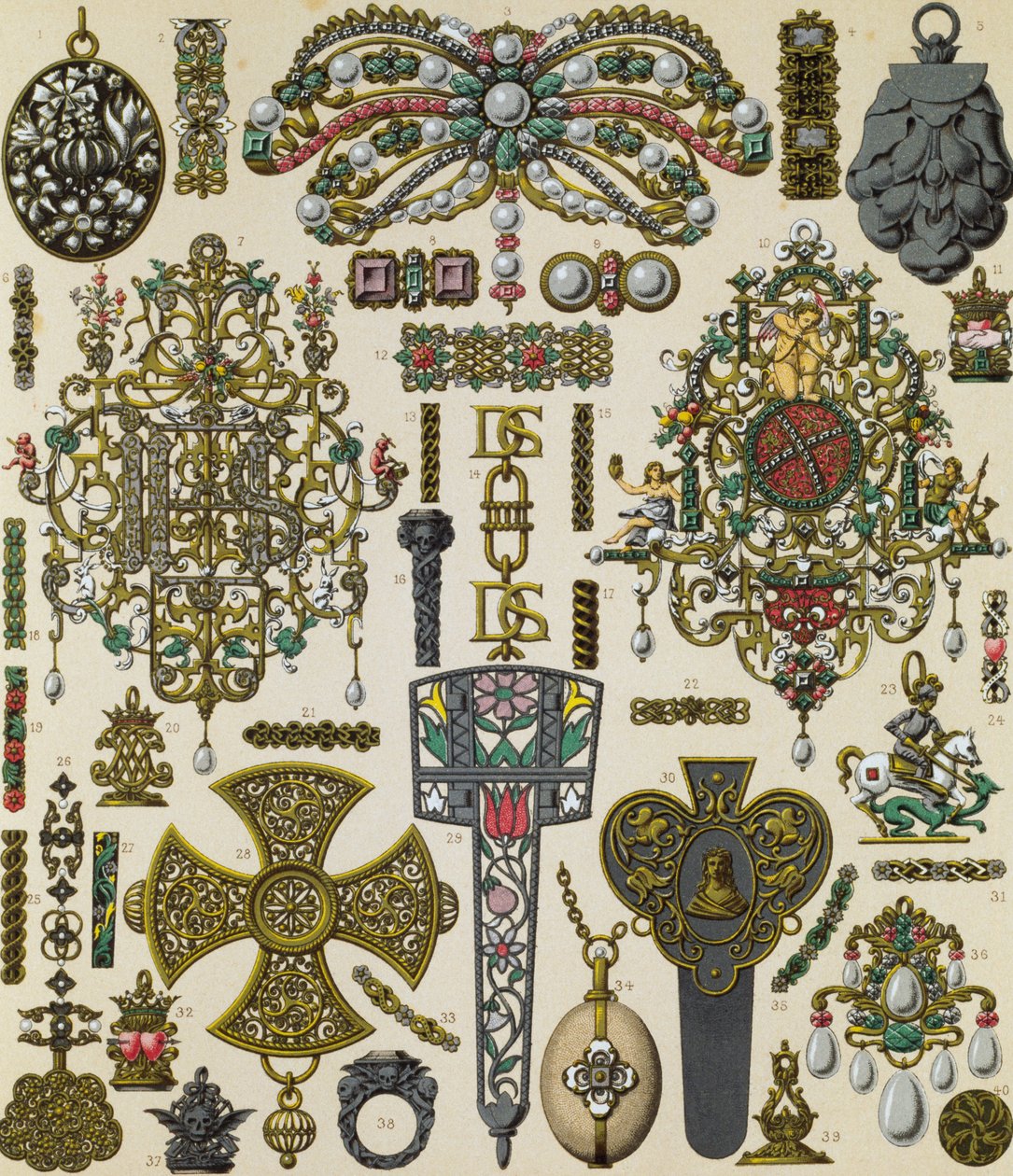 Tizenhetedik századi ékszerek, Schmidt litográfiája, megjelent a Le costume historique V. kötetben alkotó: Albert Charles August Racinet