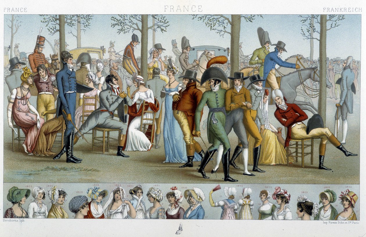 A polgárok Longchamp felé sétálnak, deb. 19. század - Racinet „” Le costume historique” című könyvében alkotó: Albert Charles August Racinet