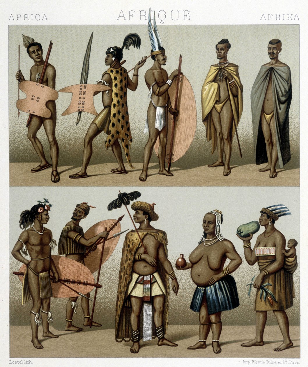 Hagyományos Cafrerie jelmez (Afrika meridionális része). Illusztráció: Racinet „Le costume historique” című könyvében alkotó: Albert Charles August Racinet