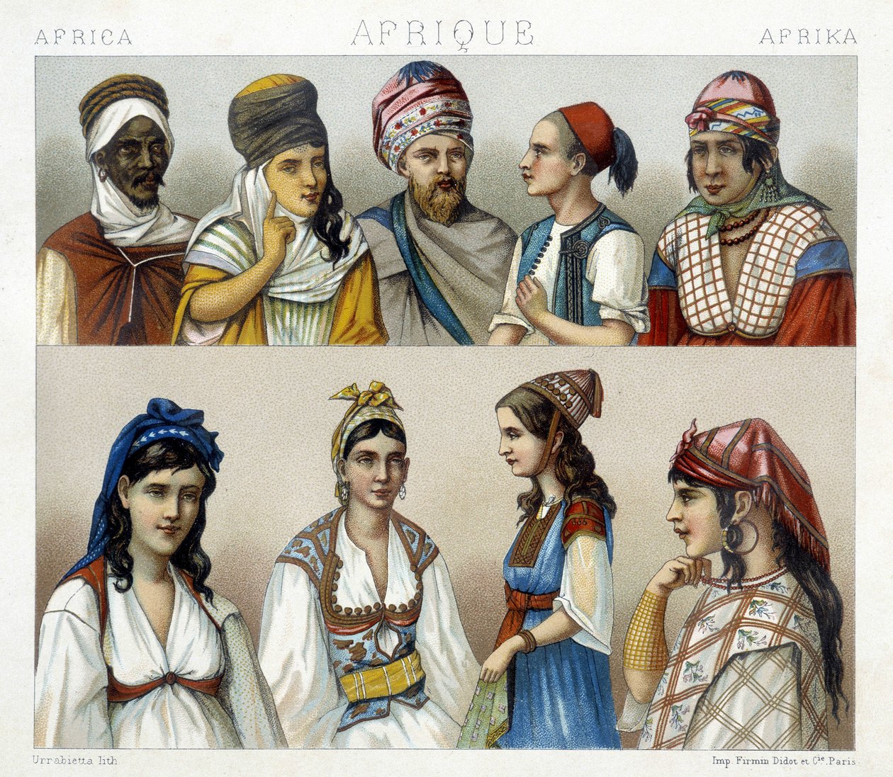 Férfi és női népviseletek és fejdíszek Algériában. Illusztráció: Racinet „Le costume historique” című könyvében alkotó: Albert Charles August Racinet