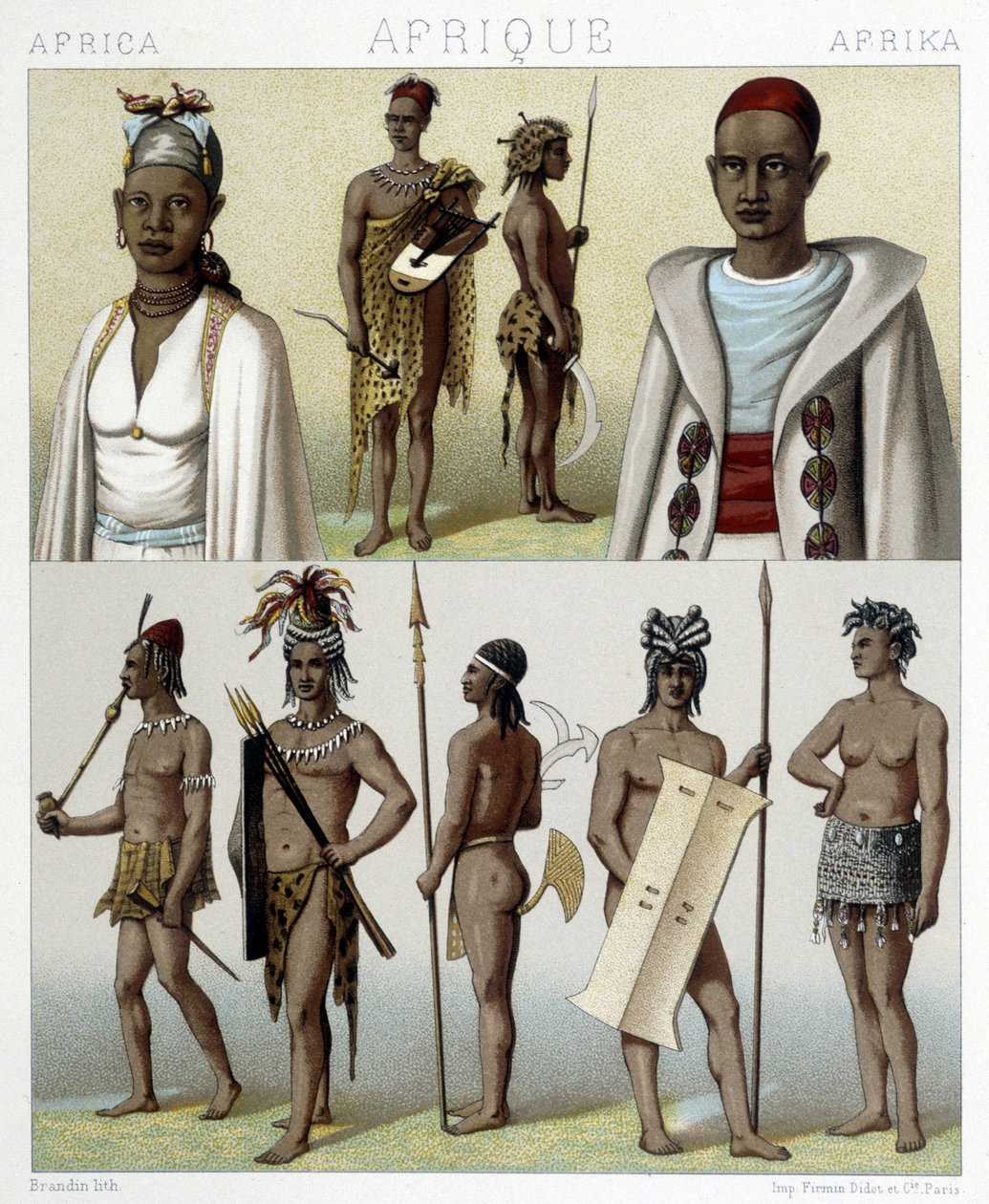 Hagyományos viseletek és ékszerek Timbuktuból és Felső-Nílusból. Illusztráció: Racinet „Le costume historique” című könyvében alkotó: Albert Charles August Racinet