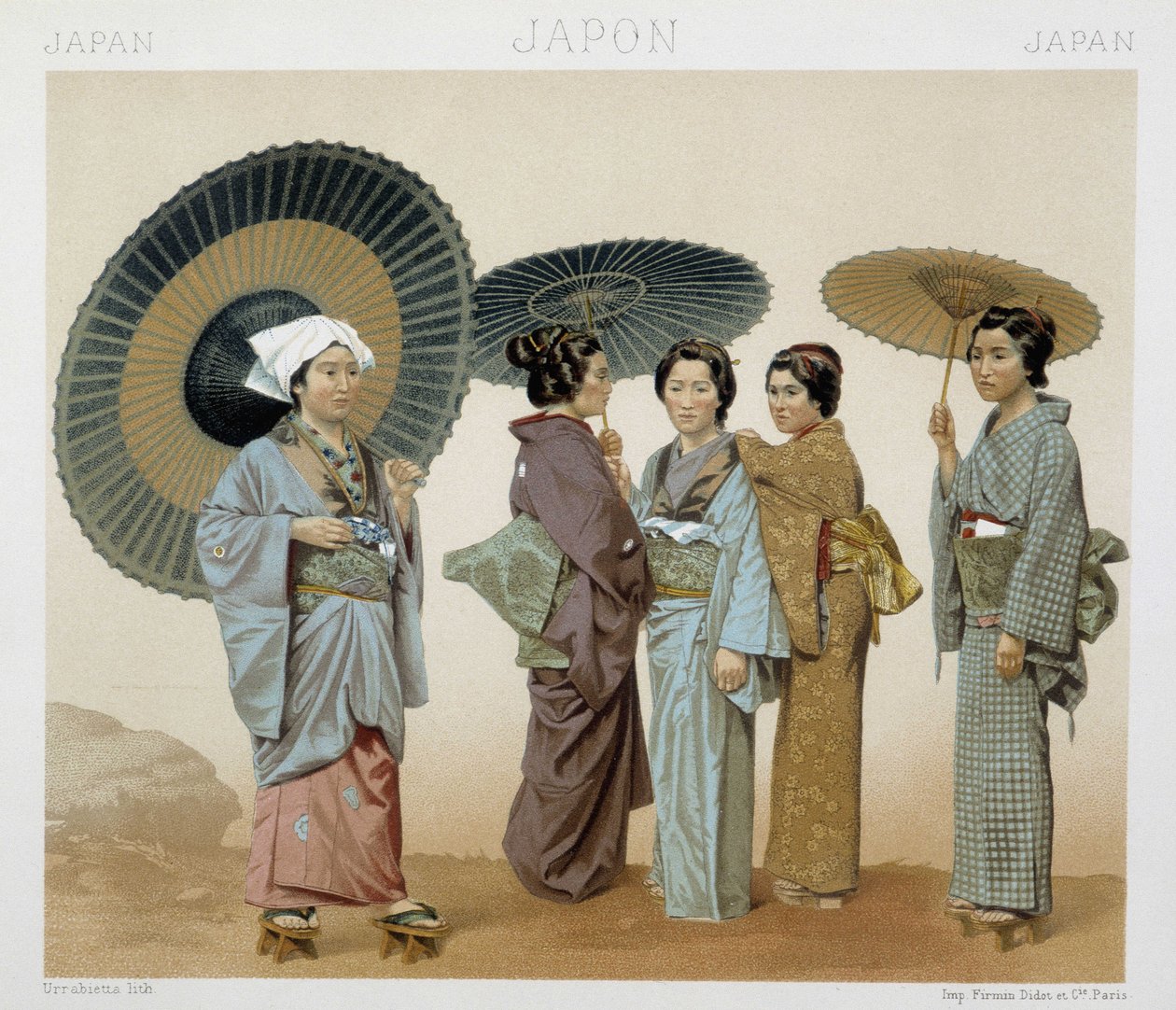 Japán nők hagyományos viselete. Illusztráció: Racinet „Le costume historique” című könyvében alkotó: Albert Charles August Racinet