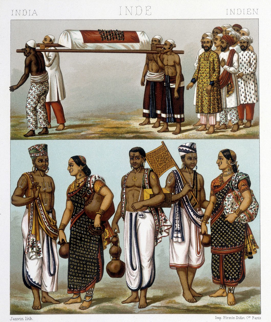 Indiában élő muszlimok (a kép tetején) és hinduk (alul) népviselete. Illusztráció: Racinet „Le costume historique” című könyvében alkotó: Albert Charles August Racinet
