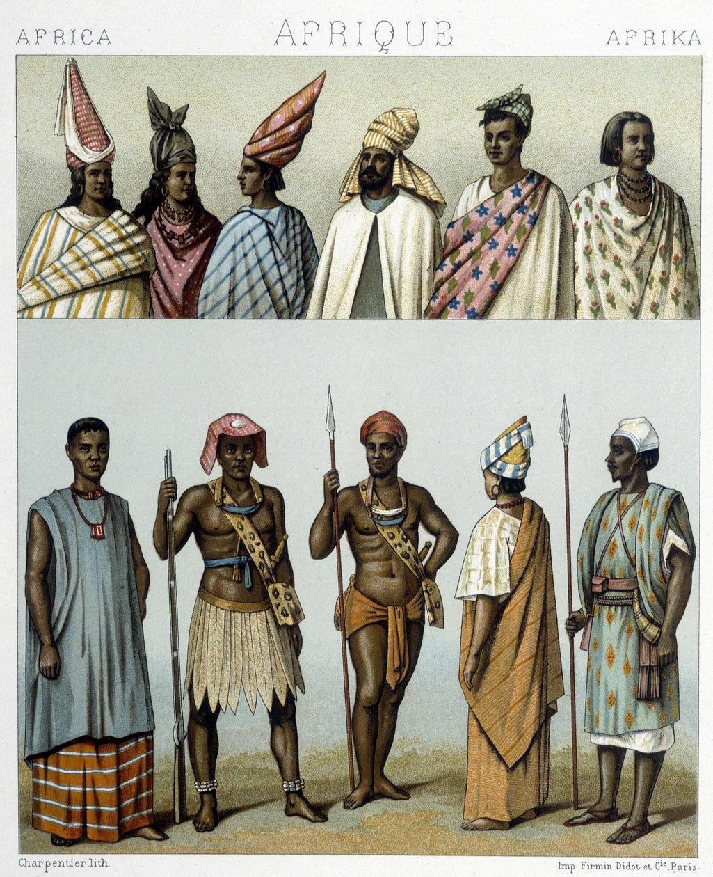 Szenegáli népviseletek. Illusztráció Racinet „Le costume historique” című könyvében alkotó: Albert Charles August Racinet