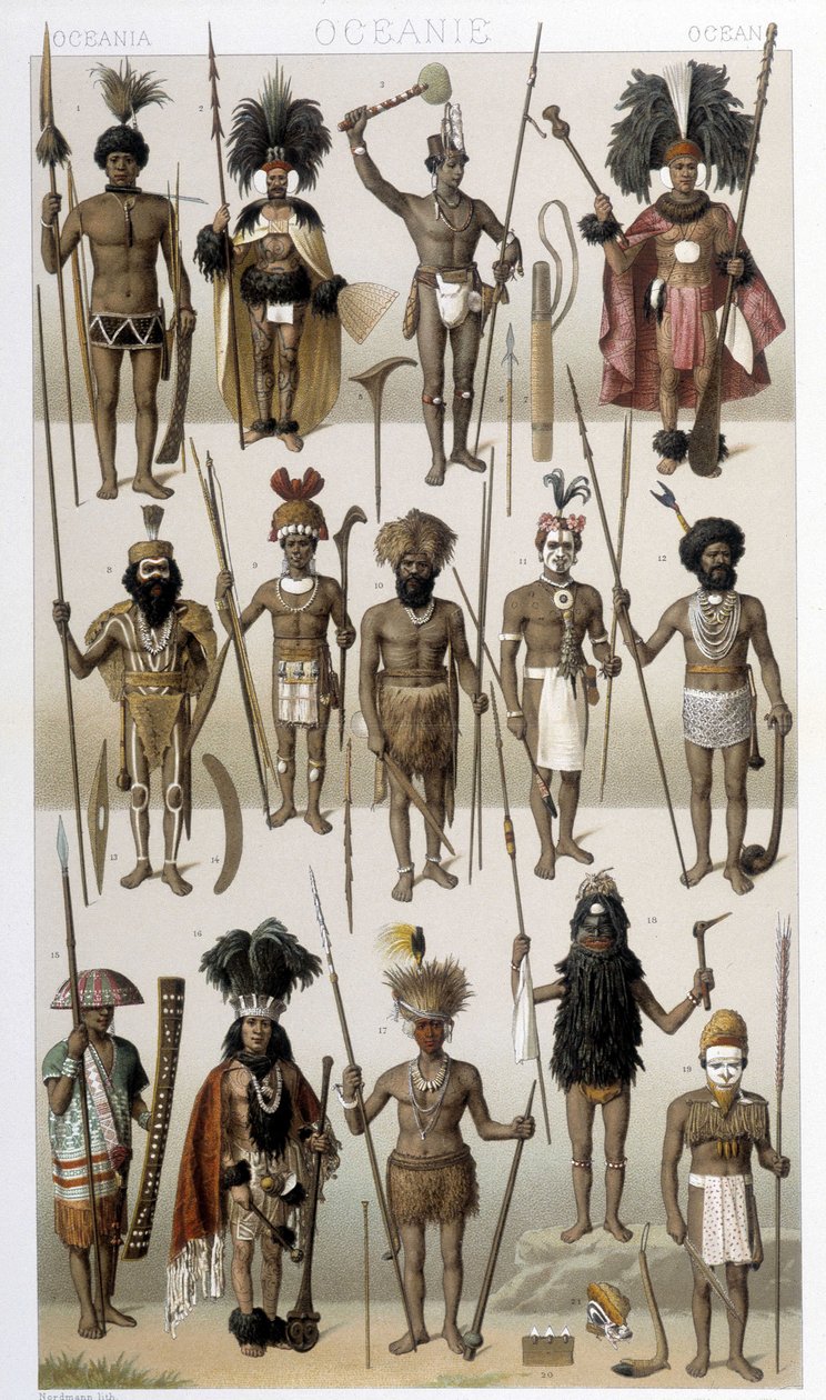 Óceánia őslakosainak népviselete. Illusztráció: Racinet „Le costume historique” című könyvében alkotó: Albert Charles August Racinet