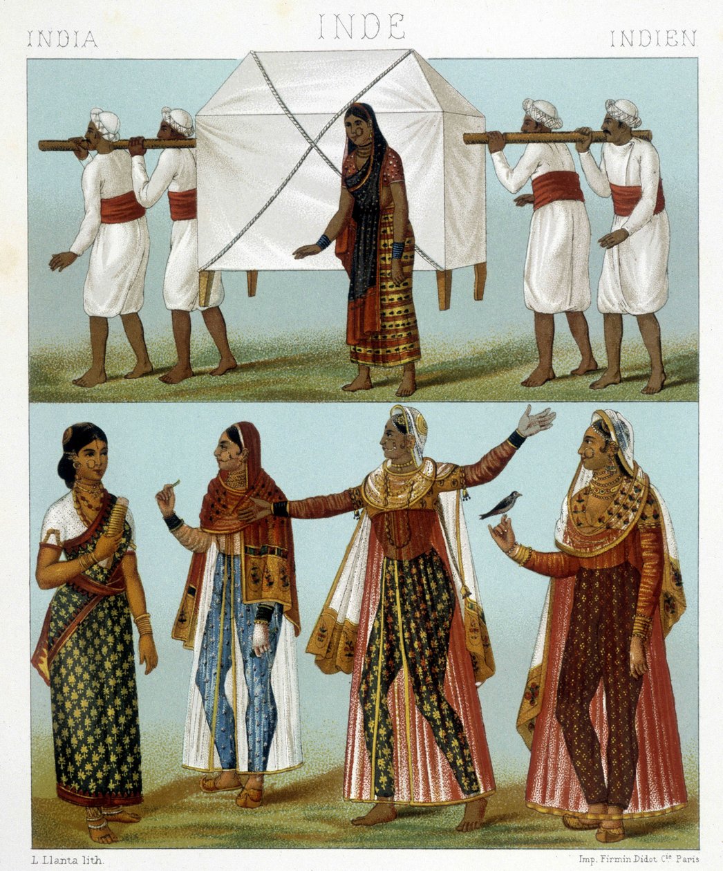 Közlekedési és hagyományos női viseletek. Illusztráció: Racinet „Le costume historique” című könyvében alkotó: Albert Charles August Racinet