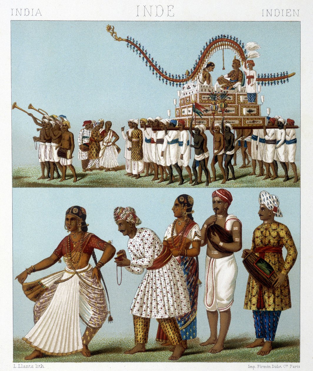 India közlekedése, zene, tánc és népviselet. Illusztráció: Racinet „Le costume historique” című könyvében alkotó: Albert Charles August Racinet