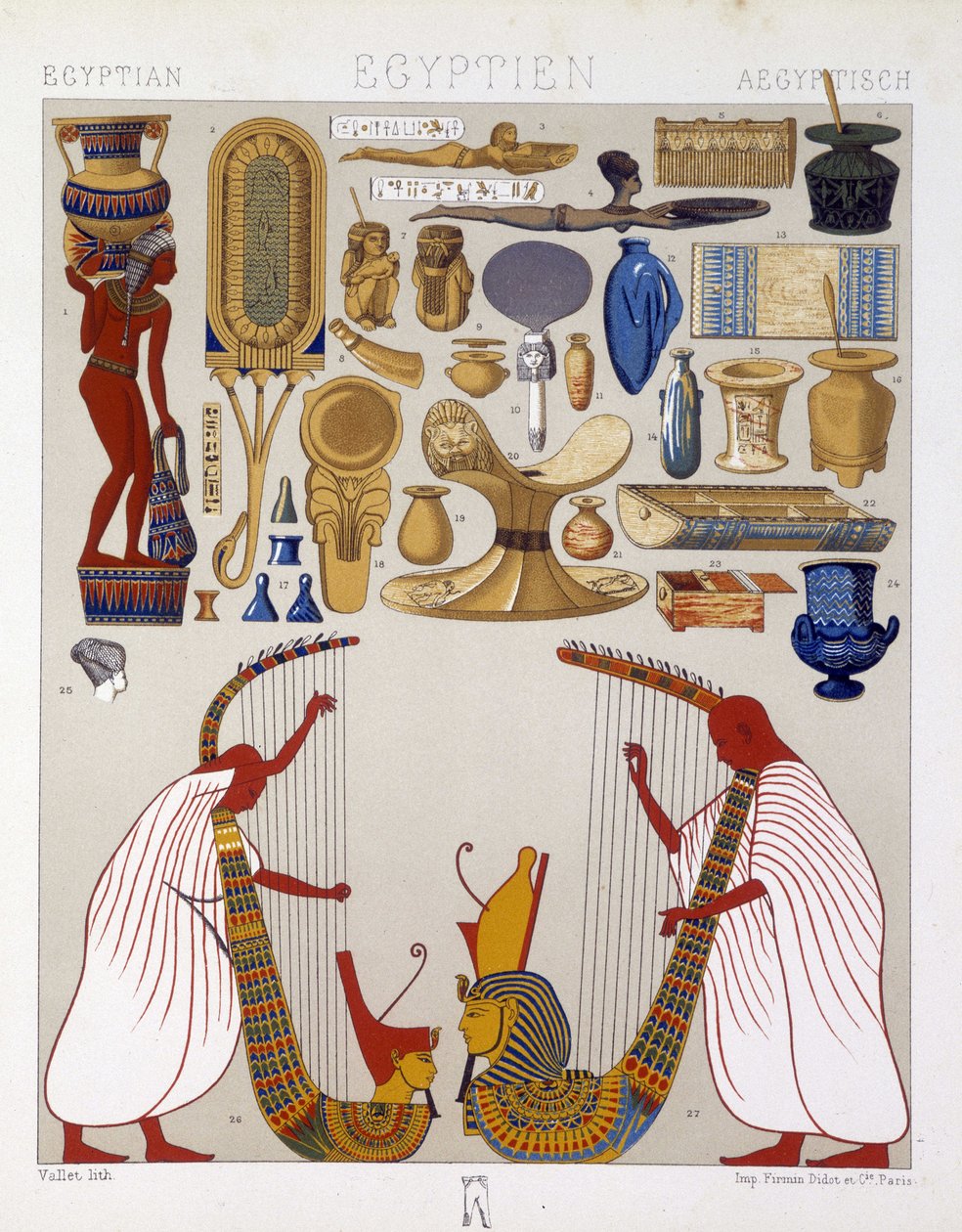 Különféle antik egyiptomi tárgyak - Racinet "" A történelmi kosztümben"" alkotó: Albert Charles August Racinet