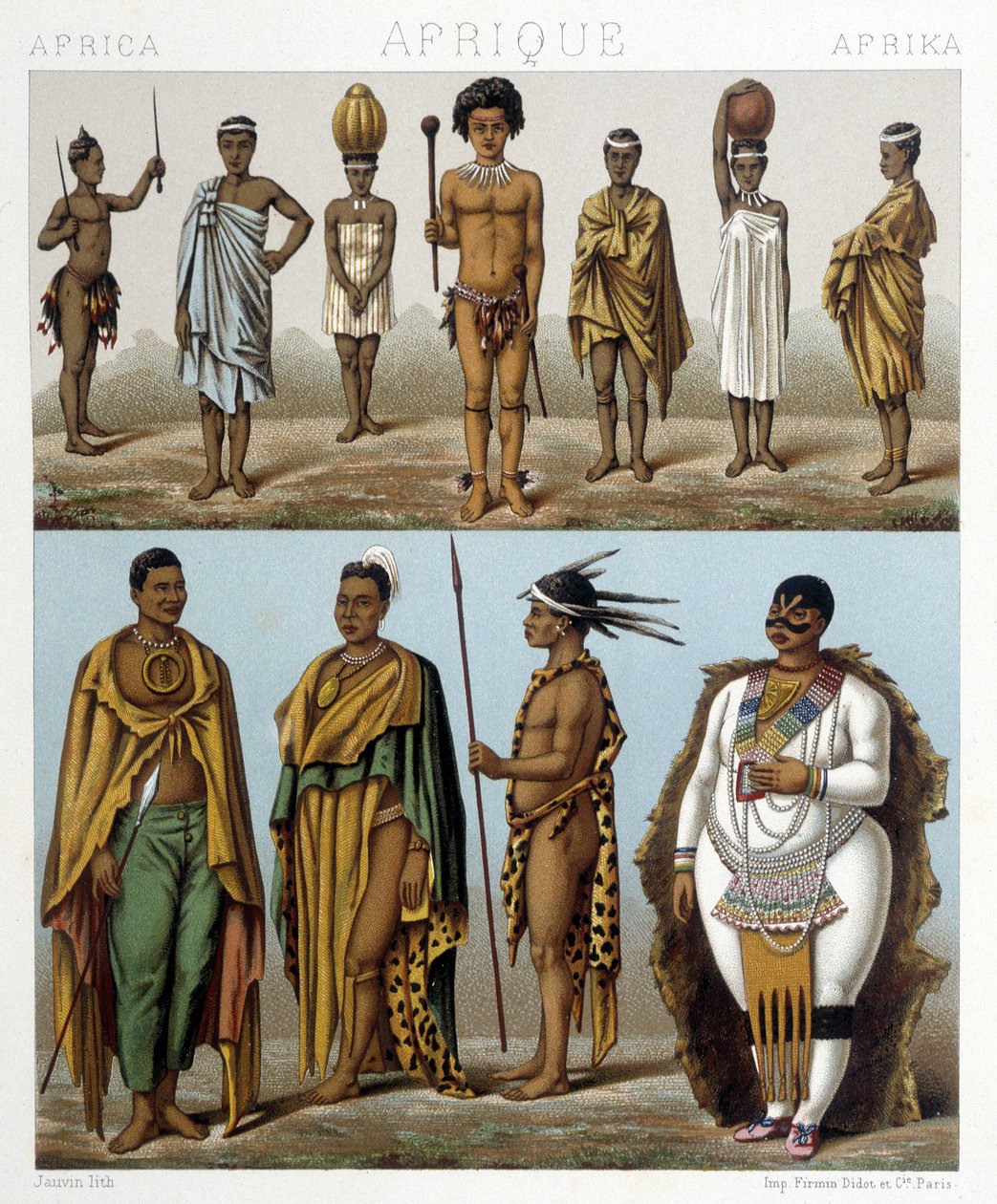 Különféle férfiak Dél-Afrikából. Illusztráció a „Le costume historique” című könyvében, Racinettől alkotó: Albert Charles August Racinet