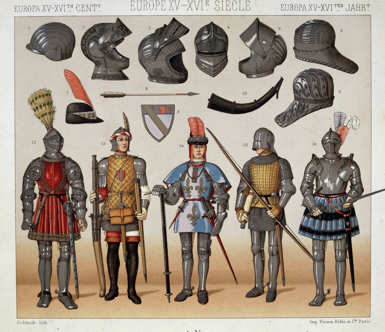 Harcosok a 15-17. században – Racinet „Le costume historique” című könyvében alkotó: Albert Charles August Racinet