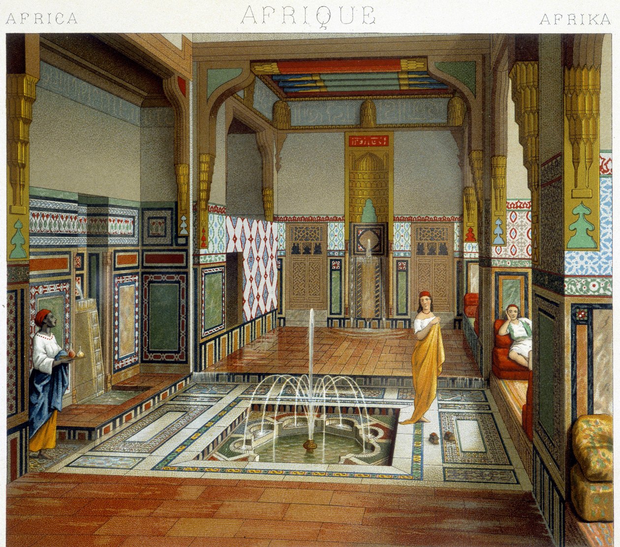 A nő és a szolgája egy szökőkút mellett van egy házban Kairóban (Egyiptom). Kromolitográfiai lemez – Racinet „” Le costume historique” című könyvében alkotó: Albert Charles August Racinet