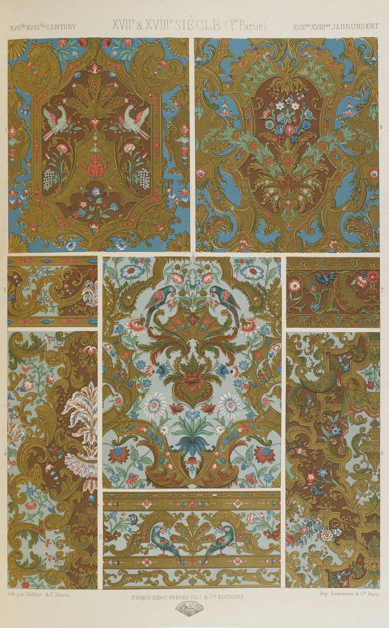 XVII. és XVIII. század, 86. tábla a „Polikromatikus dísz: száz tábla aranyban, ezüstben és színekben” 86. táblája alkotó: Albert Charles August Racinet