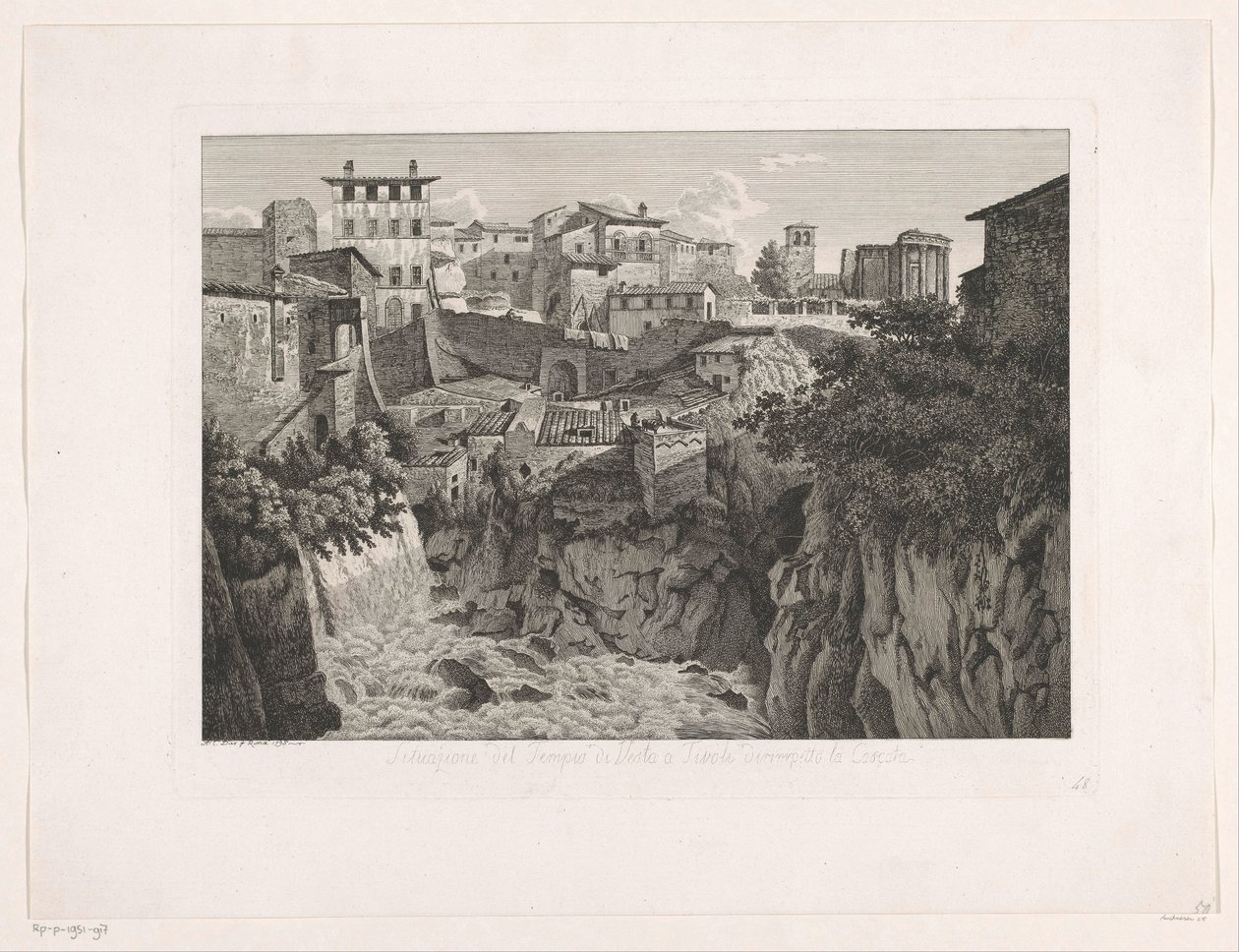 Kilátás a Tivolira, a távolban a Vesta templommal Situazione del Tempio di Vesta a Tivoli dirimpetto la Cascata (cím az objektumon) Maláj Radirte Prospekte aus Italien (sorozat címe) alkotó: Albert Christoph Dies