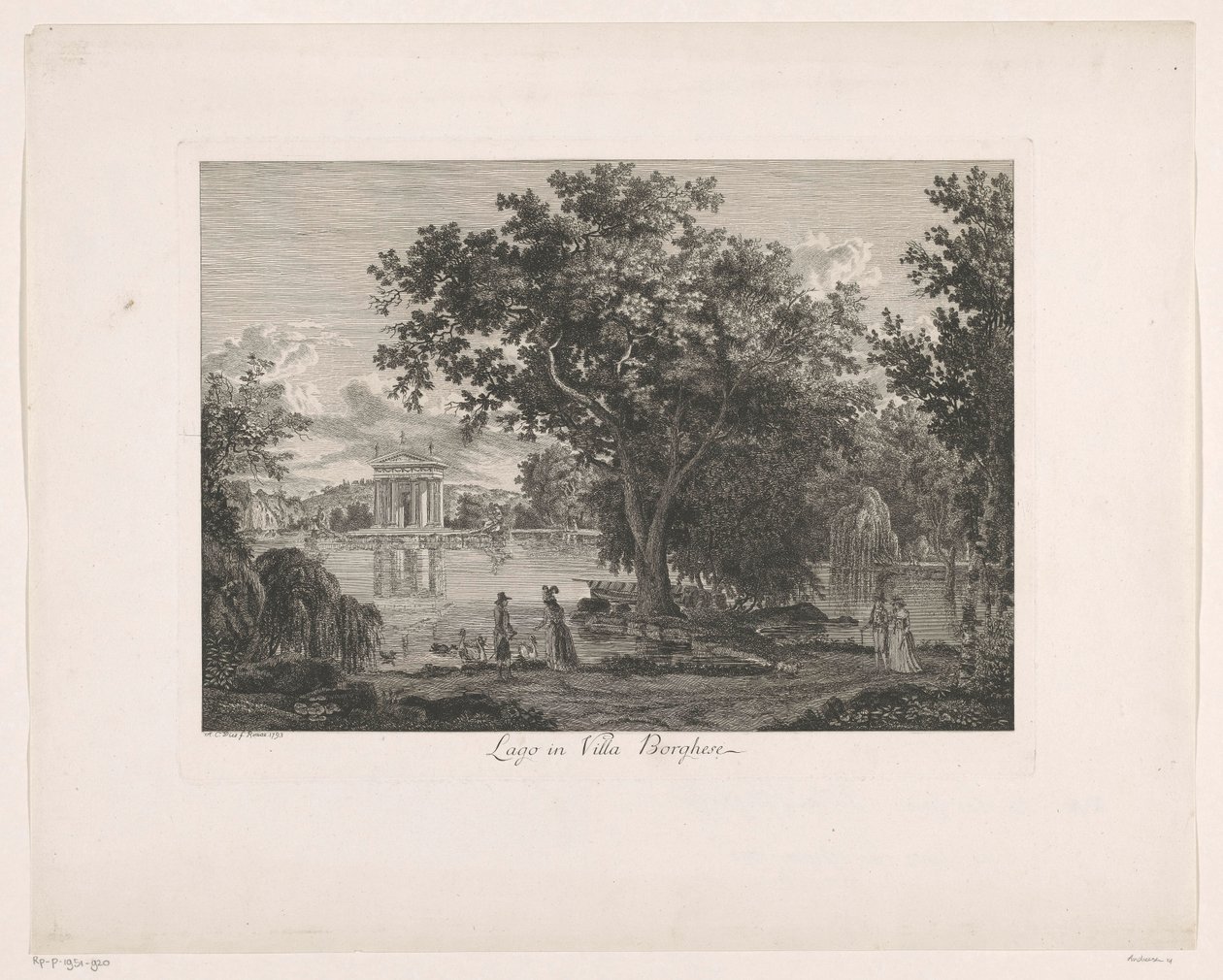 Kilátás a tóra a Villa Borghese épületében Lago a Villa Borghese-nél (cím a tárgyon) Maláj Radirte Prospekte aus Italien (sorozat címe) alkotó: Albert Christoph Dies