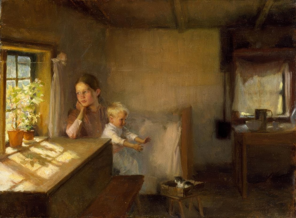 Nő gyermekkel napsütötte belső térben alkotó: Albert Gustaf Aristides Edelfelt