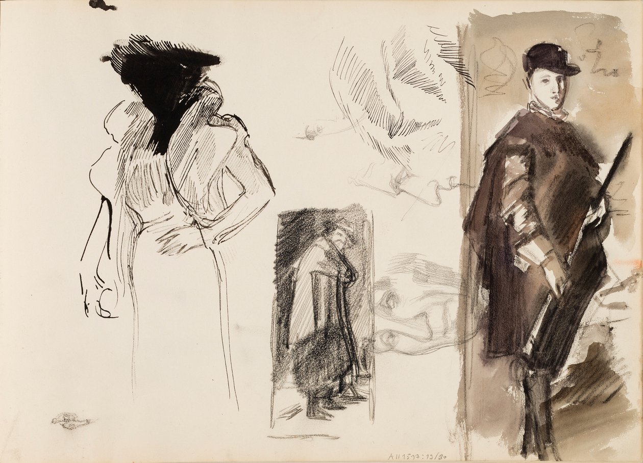 Vázlatok, Menippus és Ferdinánd osztrák bíboros-infánt, vadászruhában Diego Velázquez után, valamint vázlat Aino Ackté operaénekesnő portréjához. alkotó: Albert Edelfelt
