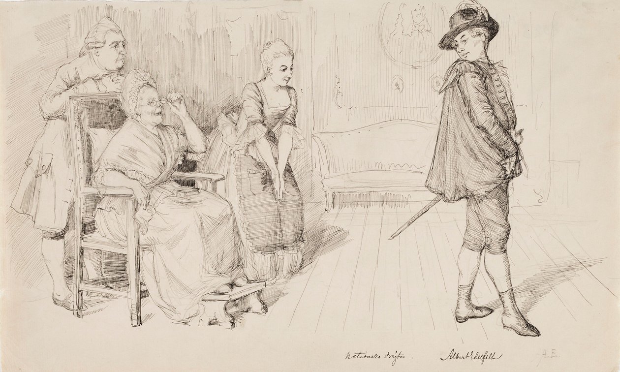 „Az új svéd viselet“, illusztráció Carl Snoilsky Svenska bilder című művéhez, a „Negyven évvel később“ című vershez alkotó: Albert Edelfelt