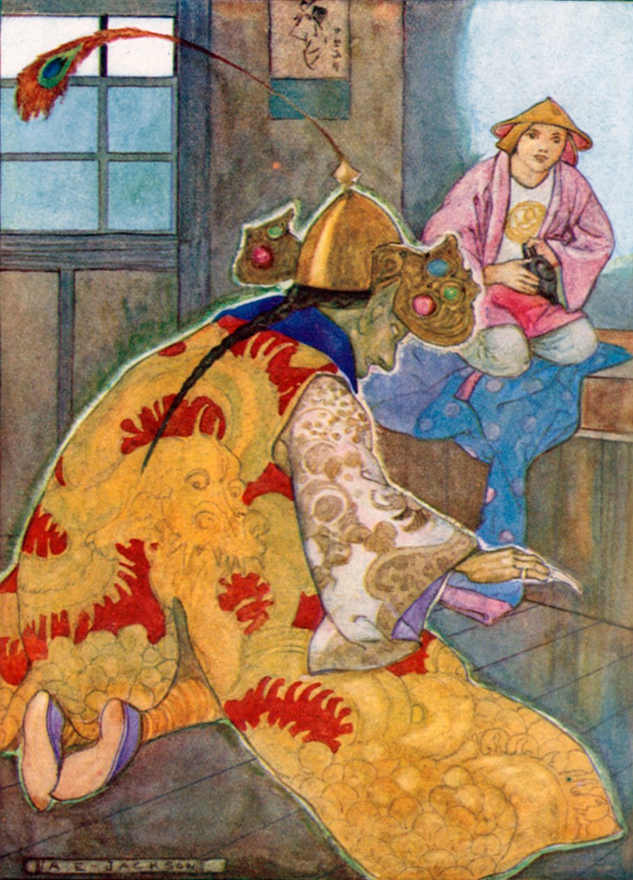 Aladdin fogta a lámpást és megdörzsölte. A dzsinn azonnal megjelent, és megkérdezte, hogy mit kell tennie (színes litográfia). alkotó: Albert Edward Jackson