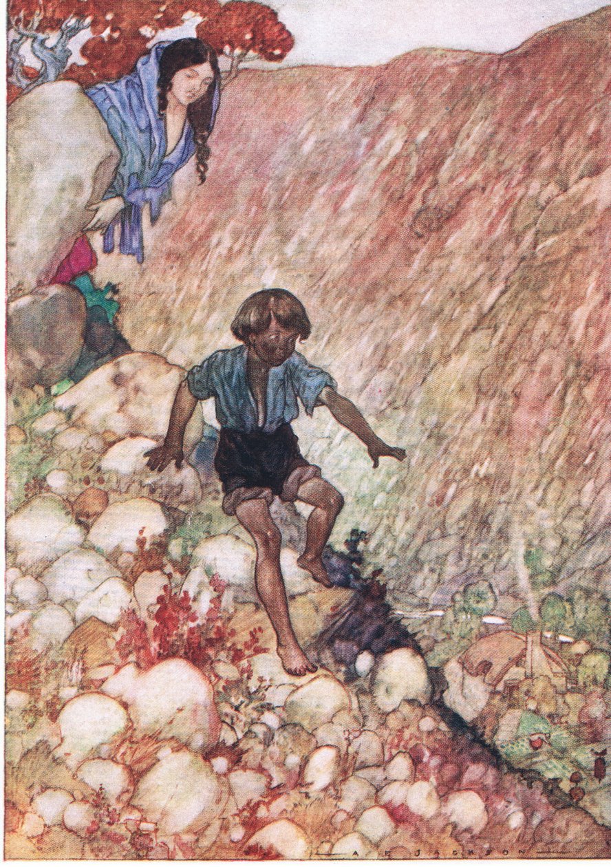 Úgy ment le, mint a bátor kisember, ahogy volt, a The Water Babies pubból. Humphrey Milford Oxford University Press, 1930 körül (színes litó) alkotó: Albert Edward Jackson
