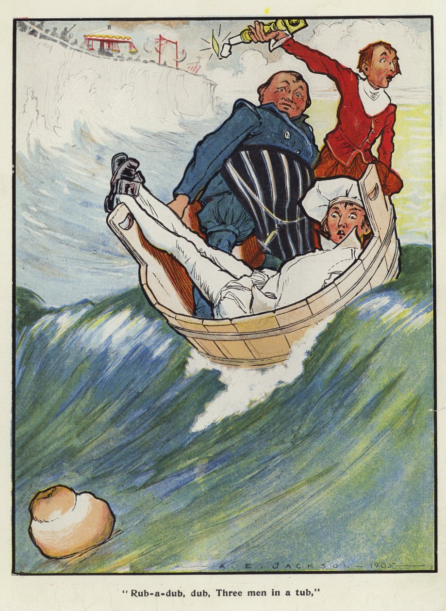 Rub-a-dub, dub, három férfi egy kádban (színes litográfia) alkotó: Albert Edward Jackson