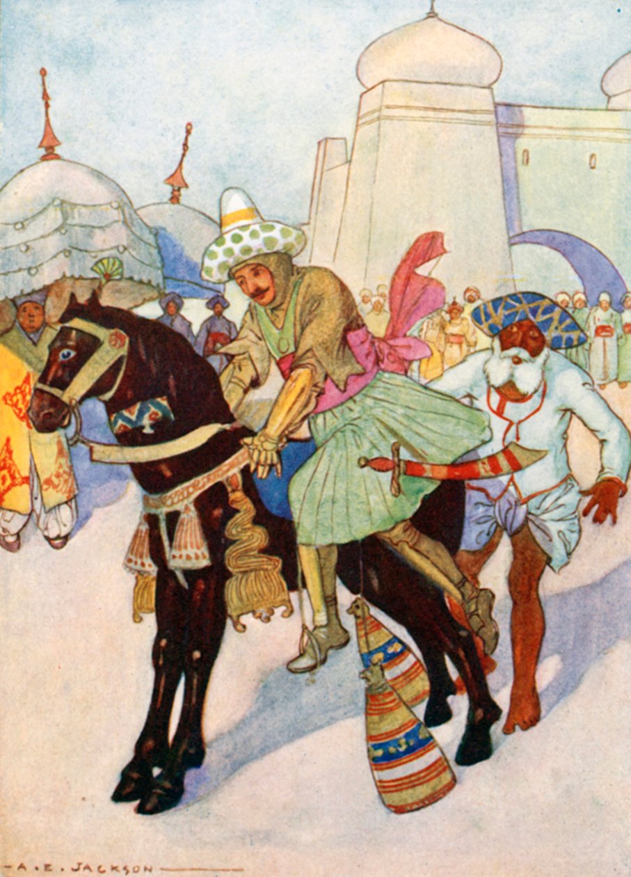 Az elvarázsolt ló. A herceg felült a hindu segítsége nélkül, elfordította a szöget ... (színes litográfia) alkotó: Albert Edward Jackson